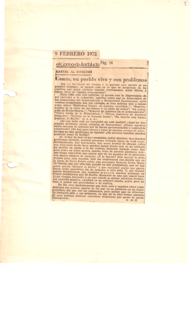 Escrito de denuncia de algunos problemas del pueblo.El Correo de Andalucía. Febrero 1972