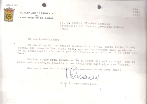 1972.14.-10.Carta del Sr. Alcalde a Carlos como presidente del Centro de Juventud Alkama, agradeciéndole el donativo recolectado entre los socios en beneficio de Cruz Roja