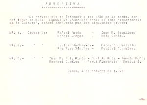 Equipos que se formaron para debatir el tema de  La Cultura, que tanto impactó.4 de Octubre de 1971