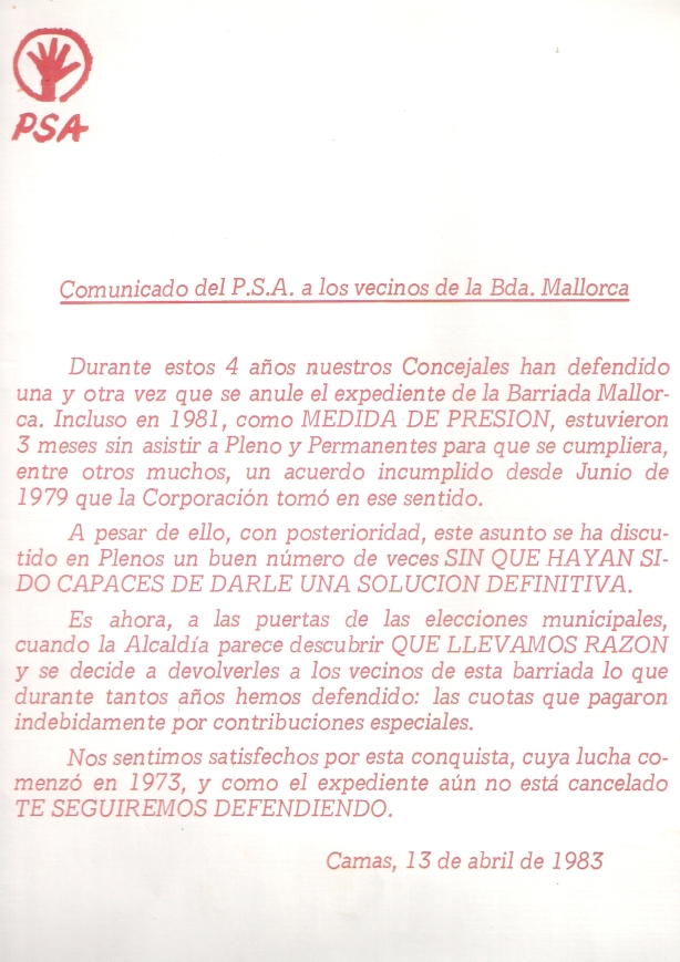 1983, 13 de Abril. Comunicado del PSA felicitándose por la devolución de las contribuciones especiales de la Bda. Mallorca.